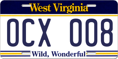WV license plate OCX008