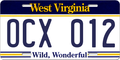 WV license plate OCX012