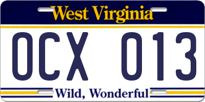 WV license plate OCX013
