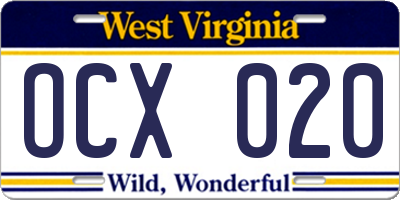 WV license plate OCX020
