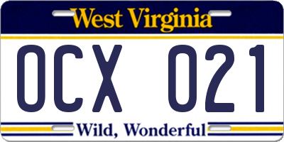 WV license plate OCX021