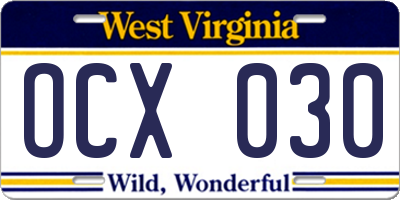 WV license plate OCX030