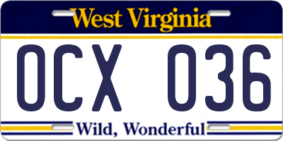 WV license plate OCX036