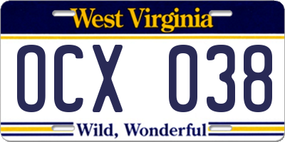 WV license plate OCX038