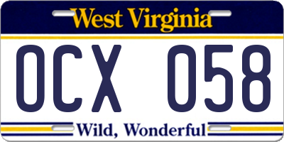 WV license plate OCX058