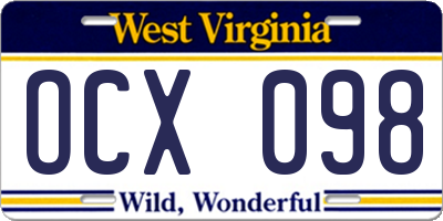 WV license plate OCX098