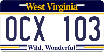 WV license plate OCX103