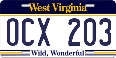 WV license plate OCX203