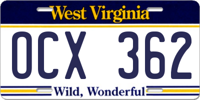 WV license plate OCX362