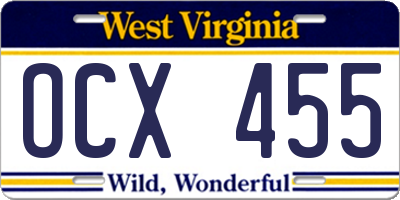 WV license plate OCX455