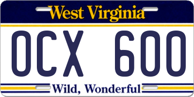 WV license plate OCX600
