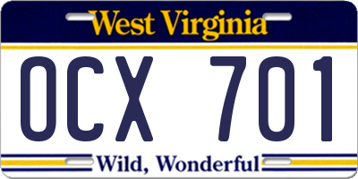 WV license plate OCX701