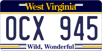WV license plate OCX945