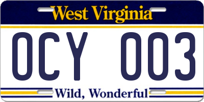 WV license plate OCY003