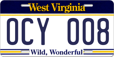 WV license plate OCY008