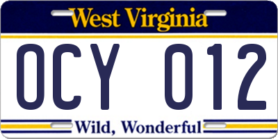 WV license plate OCY012