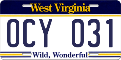 WV license plate OCY031