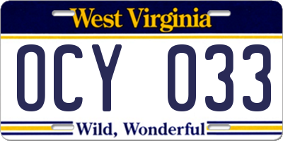 WV license plate OCY033
