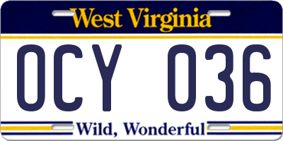 WV license plate OCY036