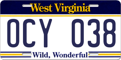 WV license plate OCY038