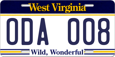 WV license plate ODA008