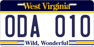 WV license plate ODA010