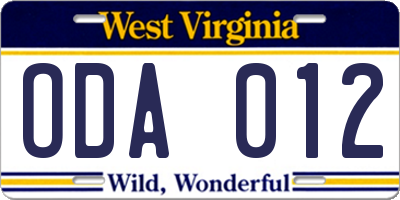WV license plate ODA012