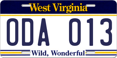 WV license plate ODA013