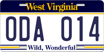 WV license plate ODA014