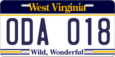 WV license plate ODA018