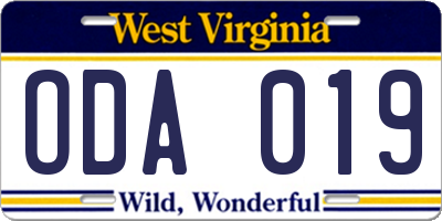 WV license plate ODA019