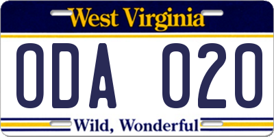 WV license plate ODA020