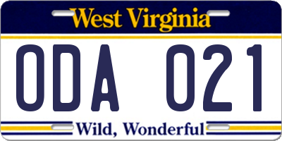 WV license plate ODA021