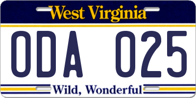 WV license plate ODA025
