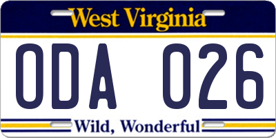 WV license plate ODA026
