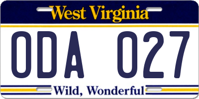 WV license plate ODA027