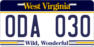 WV license plate ODA030