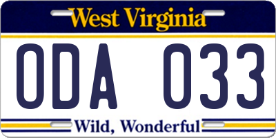 WV license plate ODA033