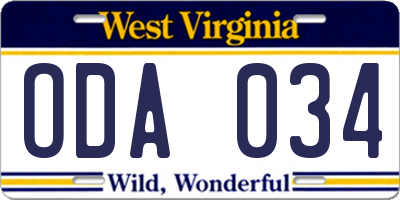 WV license plate ODA034