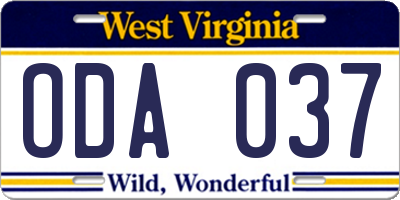 WV license plate ODA037