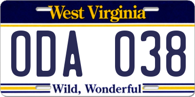 WV license plate ODA038