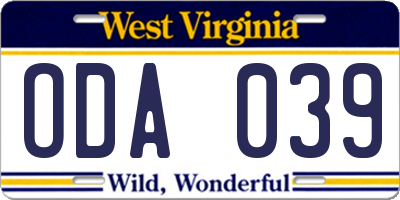 WV license plate ODA039