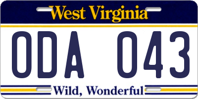 WV license plate ODA043