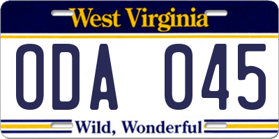 WV license plate ODA045