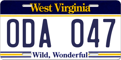 WV license plate ODA047