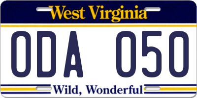 WV license plate ODA050