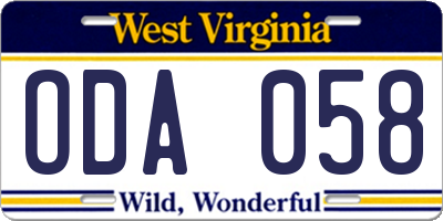 WV license plate ODA058