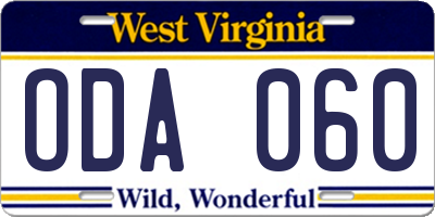 WV license plate ODA060