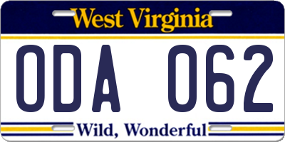 WV license plate ODA062