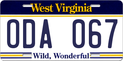 WV license plate ODA067